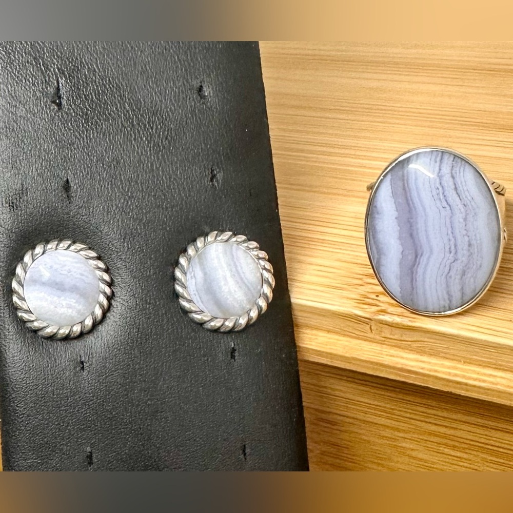 CAROLYN POLLACK Sterling Silver Blue Lace Agate Filigree Braided Ring & Earrings